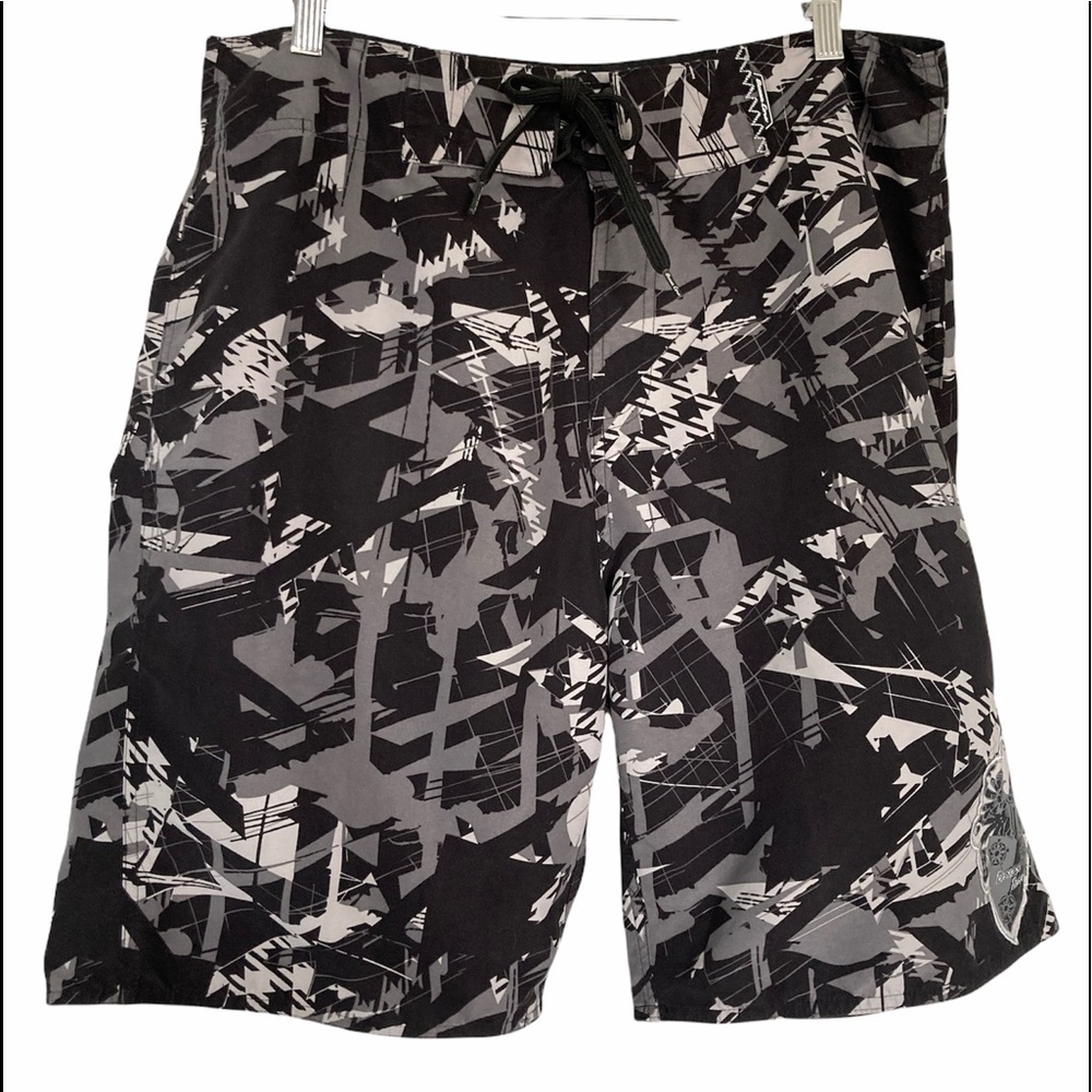 Ocean Core Board Shorts Abstract Pattern Swimwear Black Grey White Sz 36